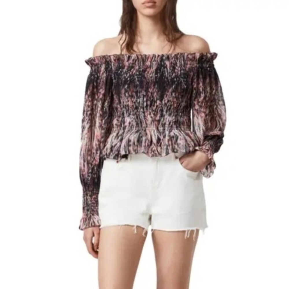 NWT All Saints Lara Smocked Off the Shoulder Top in Rainbow Pink size US 2